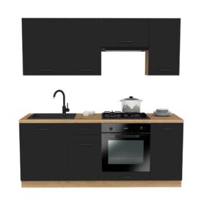 MEBLE KUCHENNE ZESTAW VARIO 200CM Z3 CZARNY/CZARNY BLAT DĄB EVOKE BEZ AGD